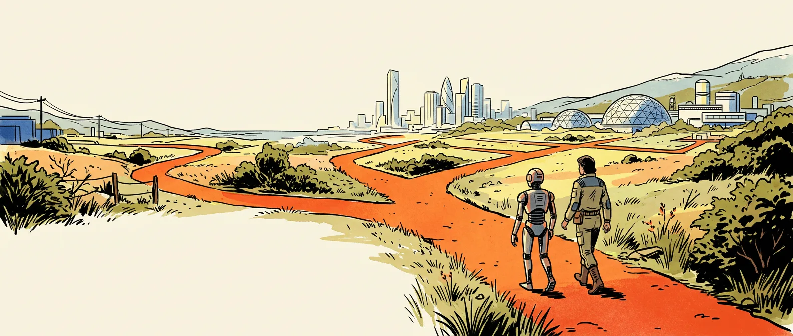 Illustrated future landscape where a human and humanoid robot walk toward a robotics city