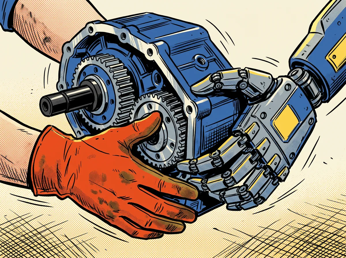 Illustrated human and robotic hands coordinating around industrial equipment