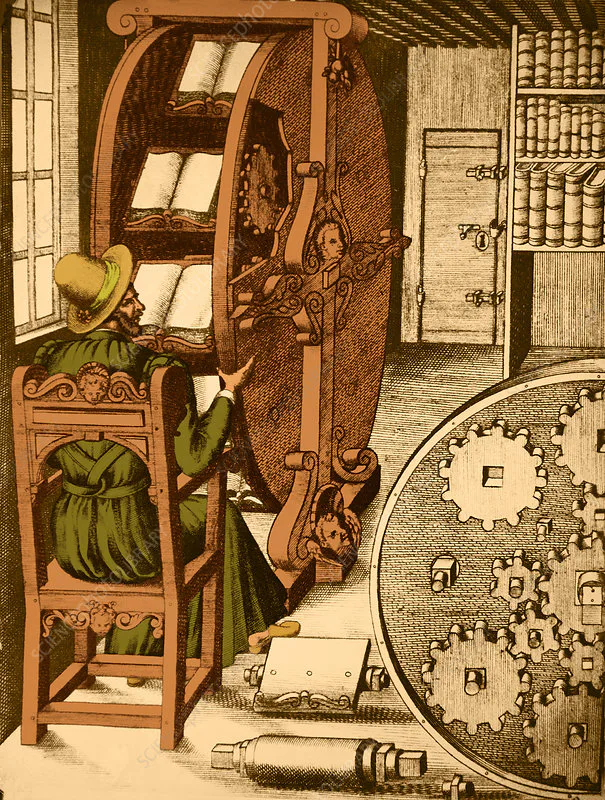Ramelli's 1588 reading wheel — an early interface that returned thinking to the reader.