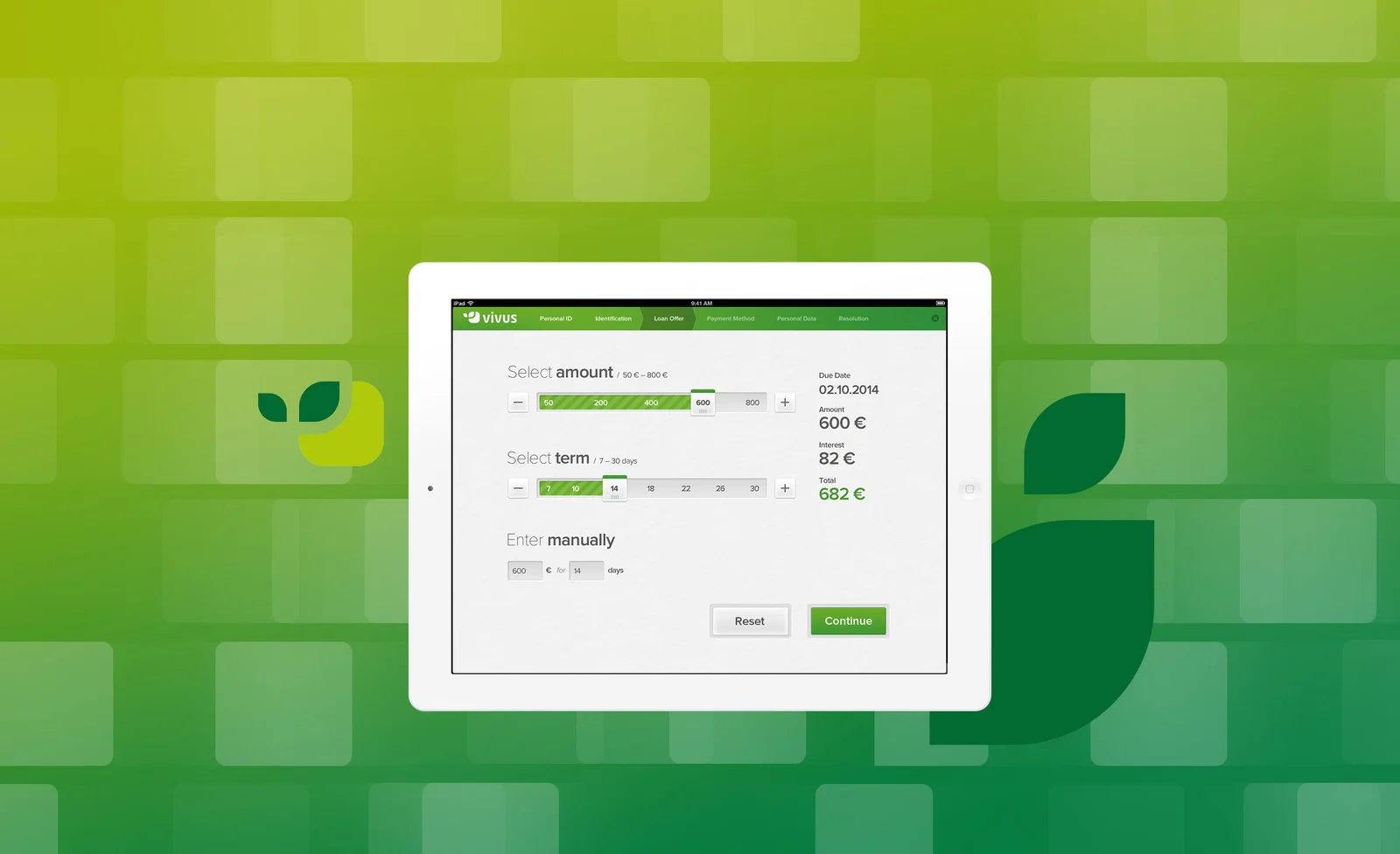 Consumer lending calculator displayed on a tablet.