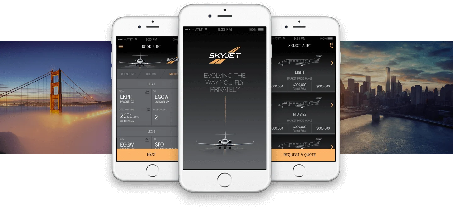 Skyjet booking and aircraft selection screens