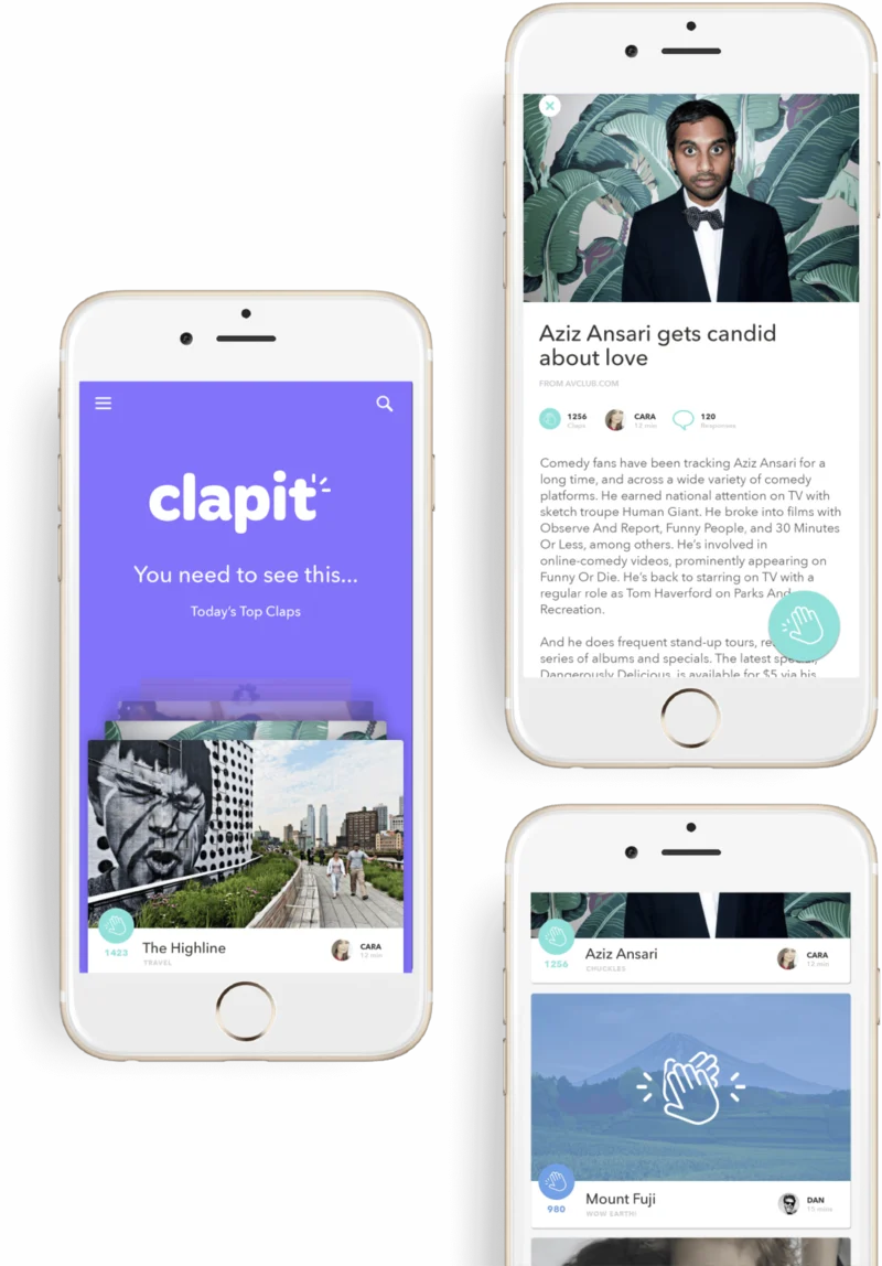 Clapit mobile screens showing a content feed and article.