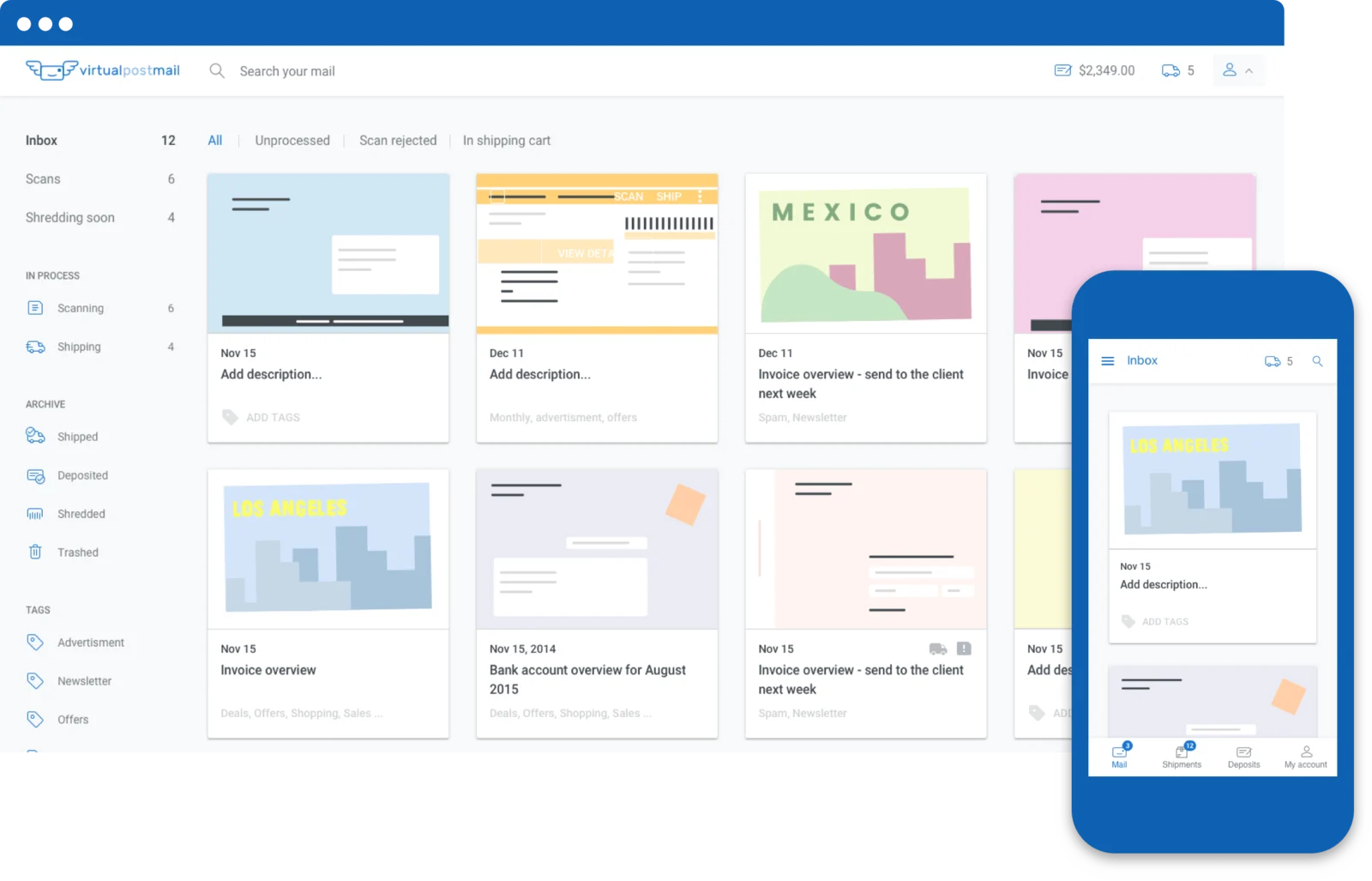 Virtual Post Mail desktop and mobile inbox