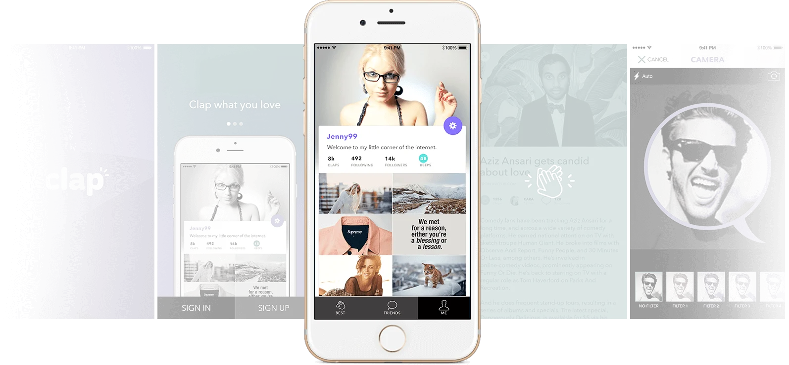 Clapit content feeds and mobile app screen montage.