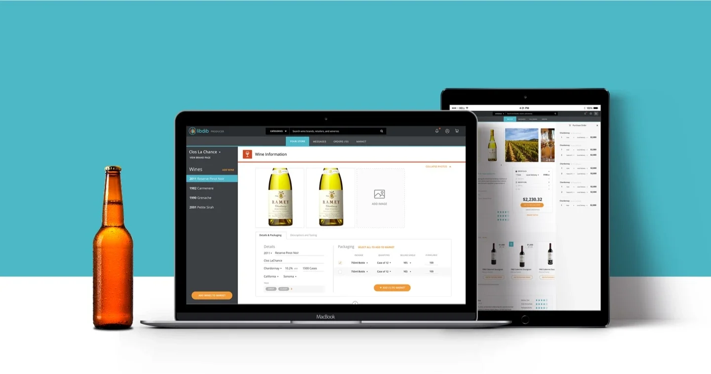 LibDib product-management and ordering interfaces on a laptop and tablet.