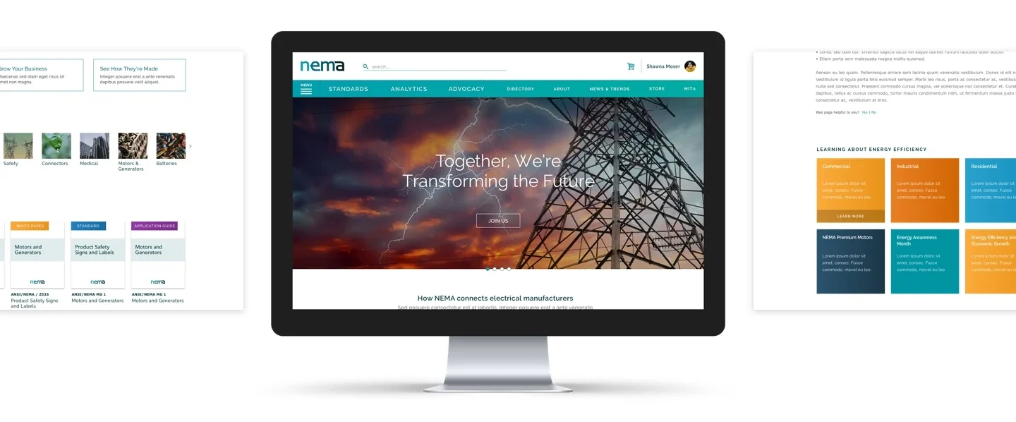 NEMA website composition with a desktop homepage and supporting content panels.