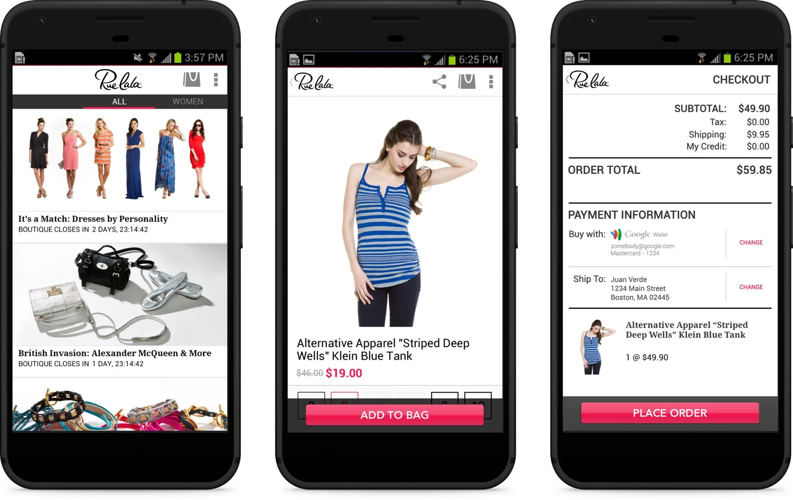 Rue La La Android shopping screens