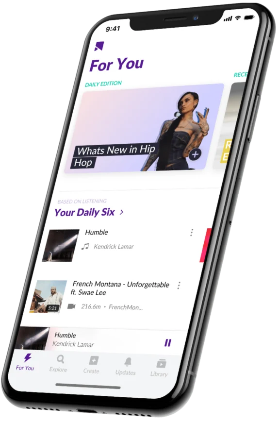 Current mobile discovery feed with music and video content.