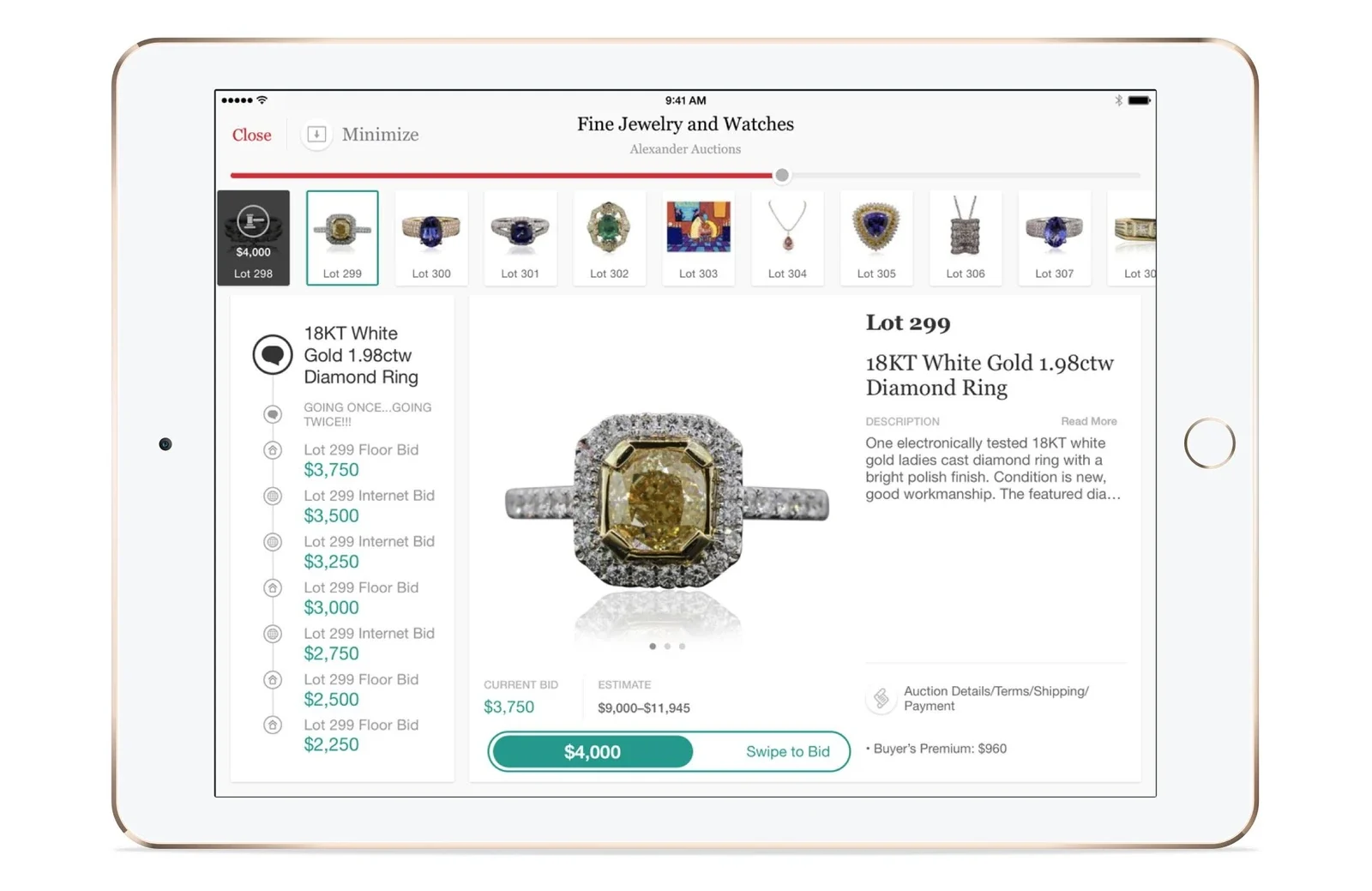 Invaluable tablet auction interface showing jewelry lots and a bidding history.