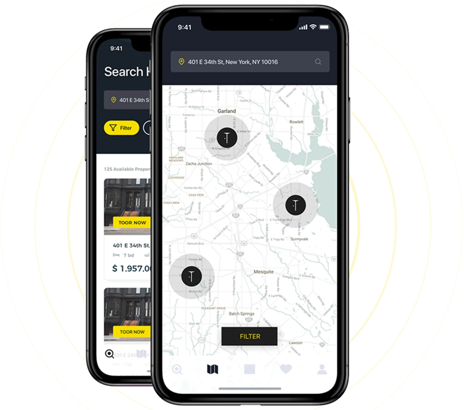 Property search list and map displayed on two phones.