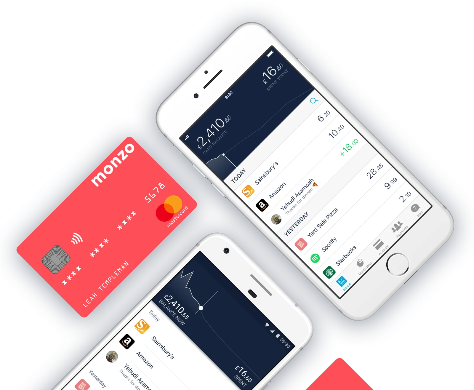 Monzo mobile transaction screens beside a red card with a masked card number.