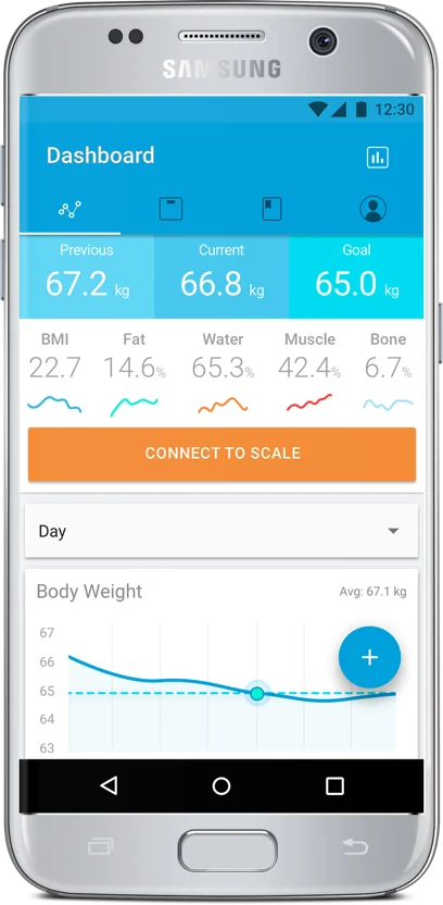 Conair dashboard showing scale connection and body weight chart.