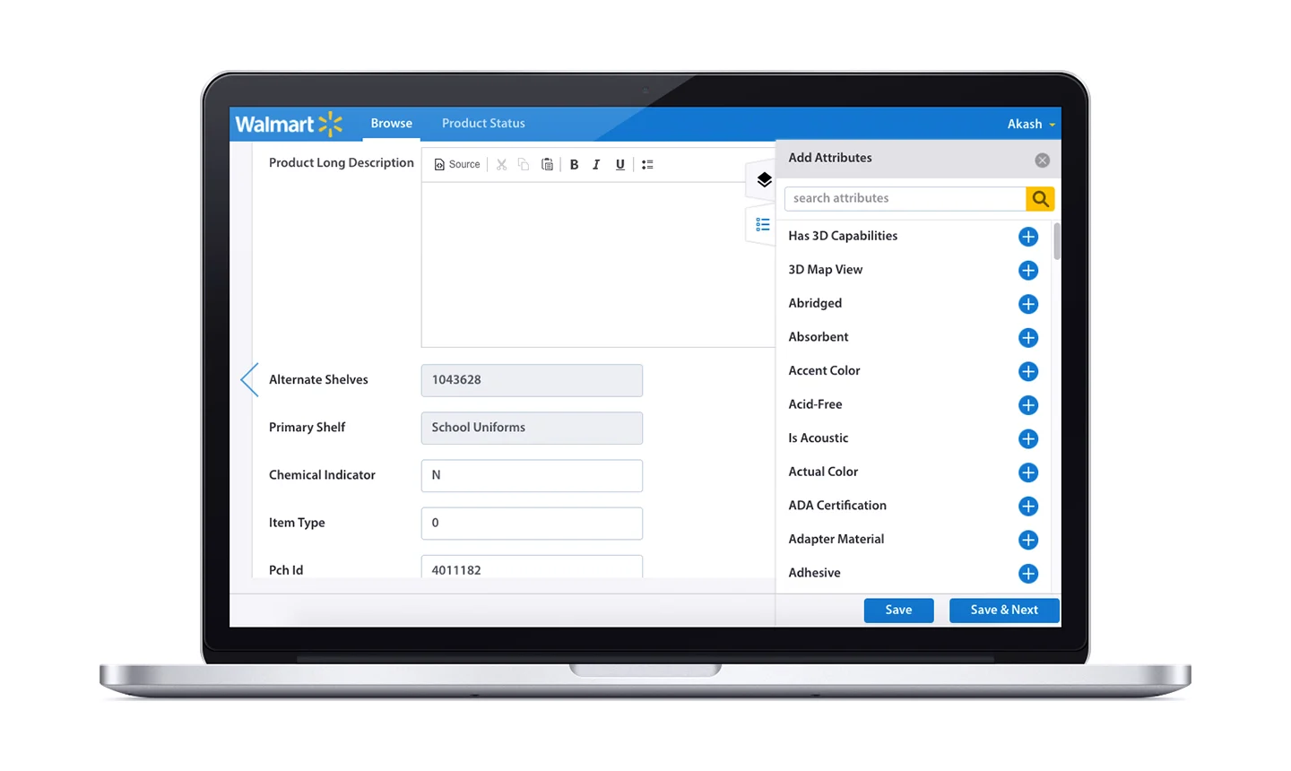 Walmart merchandising product attributes screen