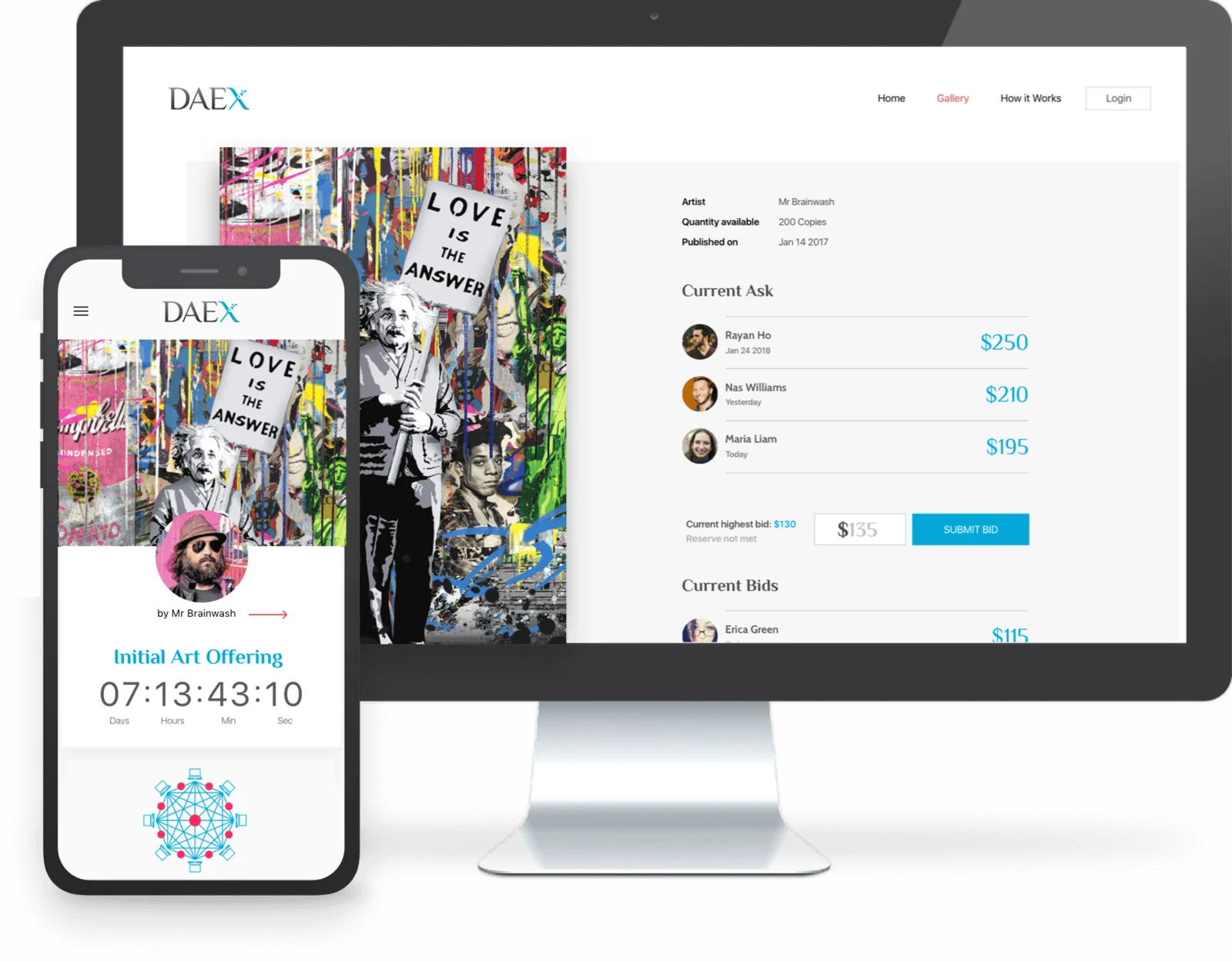 DAEX artwork page displayed on desktop and phone.