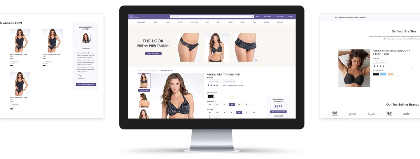 Bare Necessities product browsing and shopping screens around a desktop display.