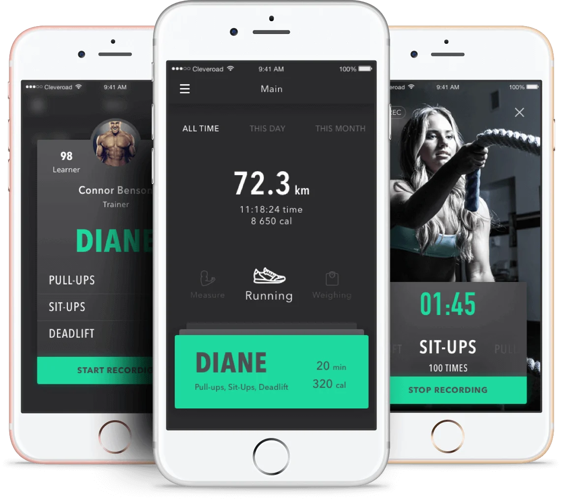 CrossFit workout and timer screens on three phones.