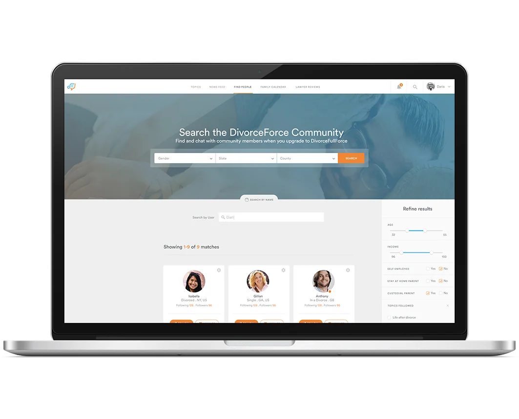 DivorceForce community search page displayed on a laptop.