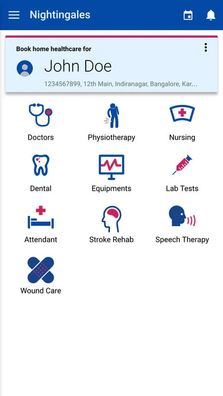 Nightingales home-healthcare screen with service categories and a demo profile.
