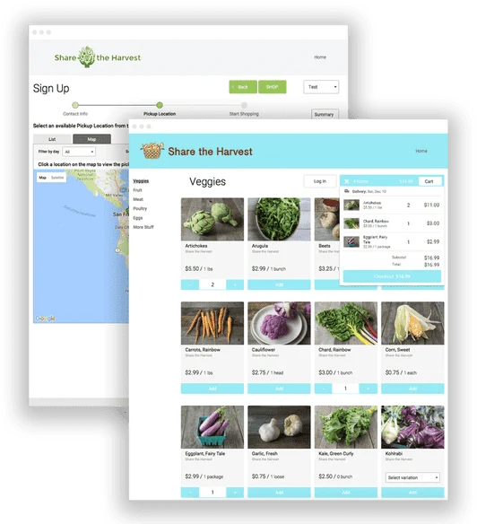 Farmigo food-hub storefront with vegetable listings, a cart, and pickup-location selection.
