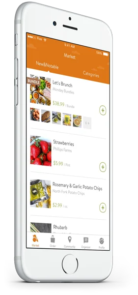 Farmigo mobile market view with food categories and product listings.