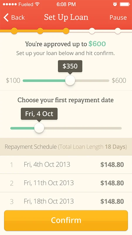 Nimble loan-setup screen with amount and repayment-date sliders.