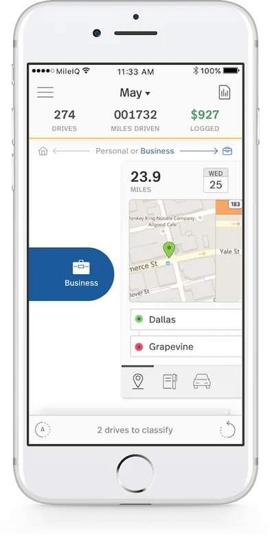 MileIQ drive card swiped to the Business classification on a phone.