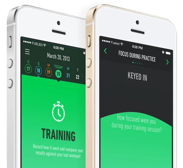 Athlete.Minder training and focus-tracking screens on two phones.