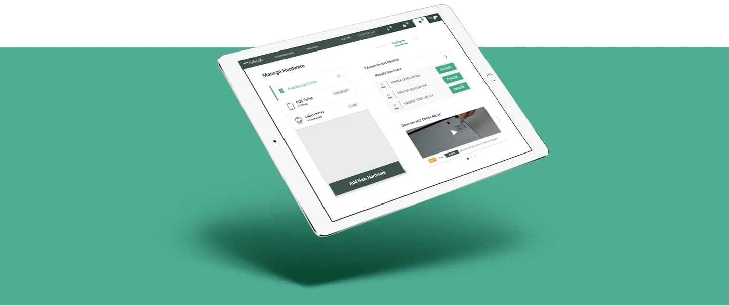 GreenBits tablet interface for selecting and configuring point-of-sale hardware.