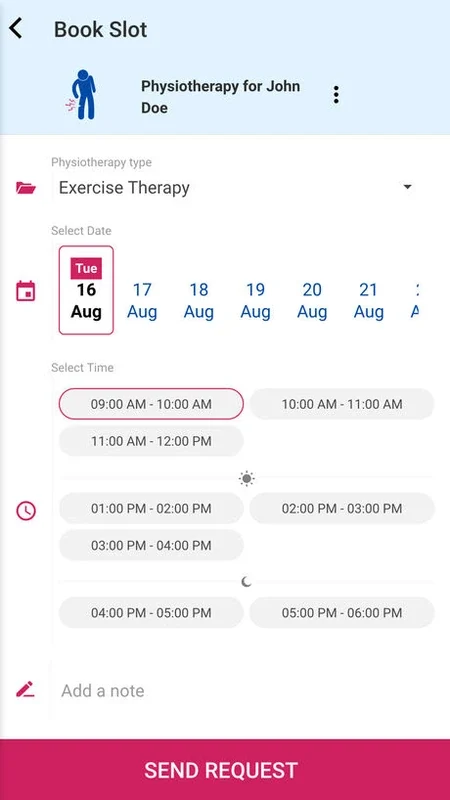 Nightingales appointment-booking screen with physiotherapy, date, and time selections.