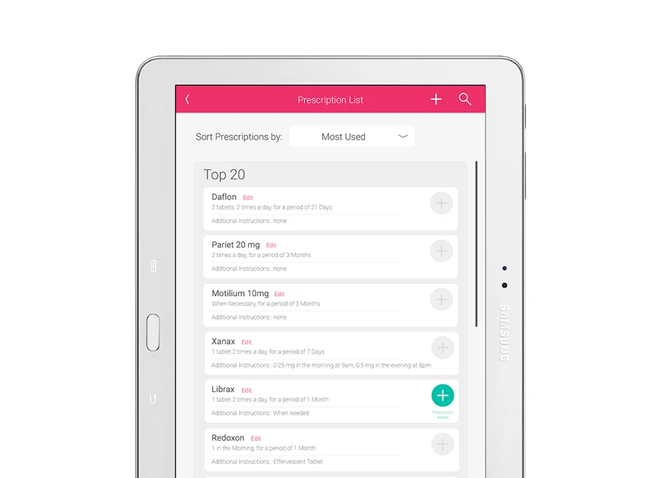 Klinify tablet prescription-list interface with medicine names and add controls.