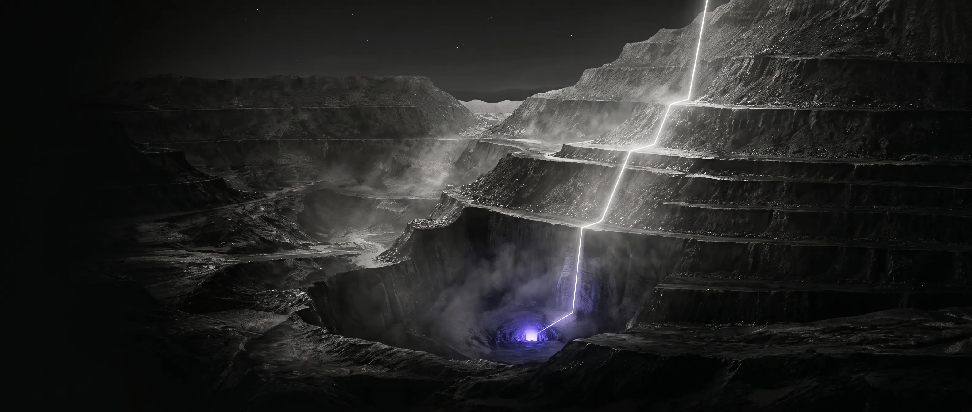 Three descending stone layers connected by a precise luminous route to a protected core