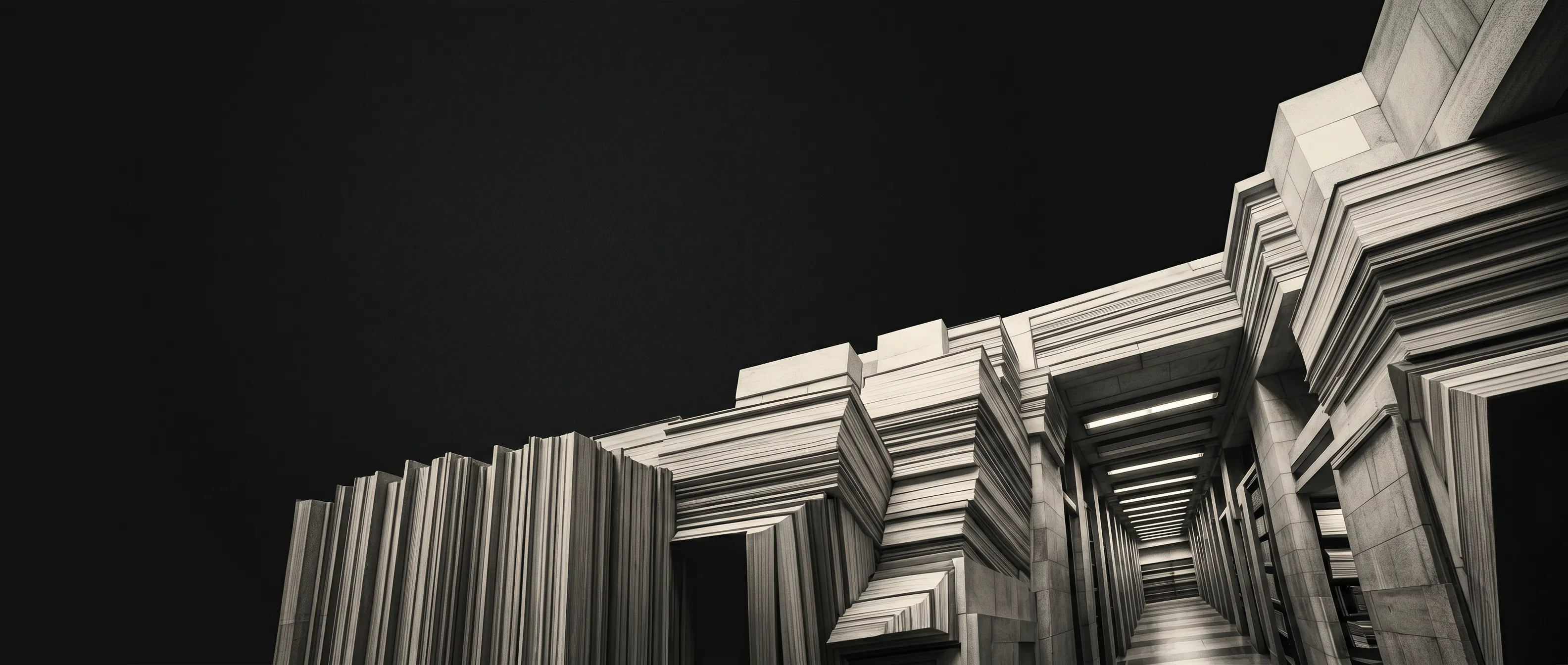 Monumental archive architecture with layered stone passages