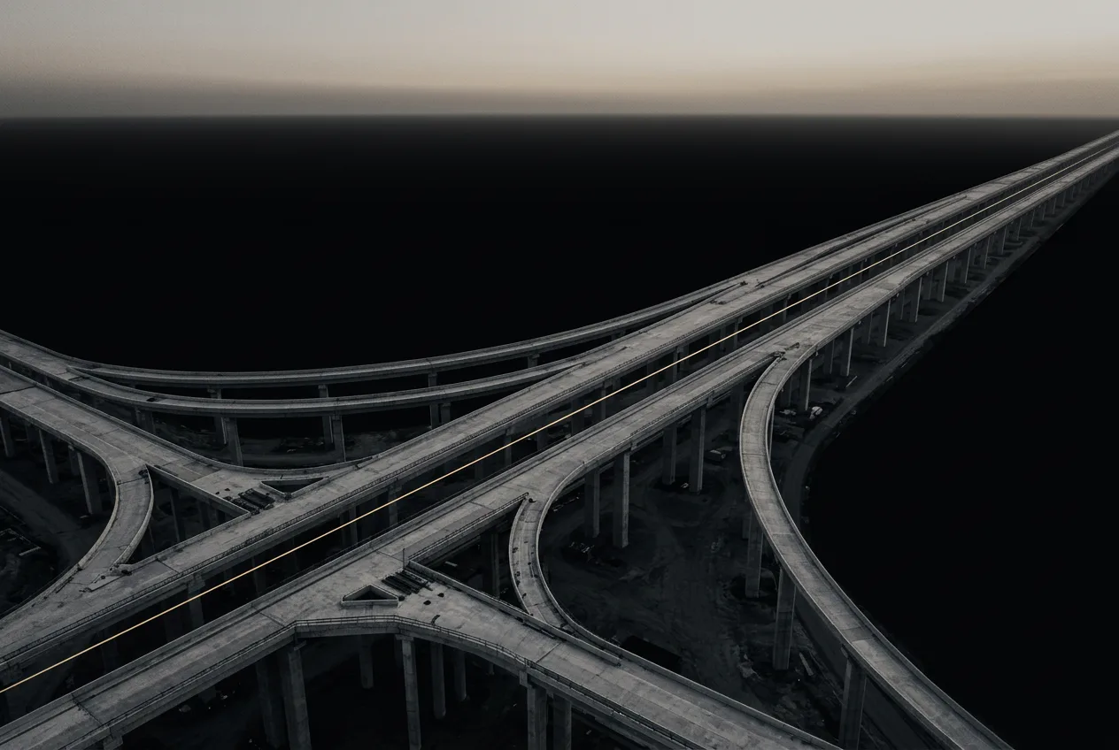 Monumental intersecting infrastructure routes over a dark landscape