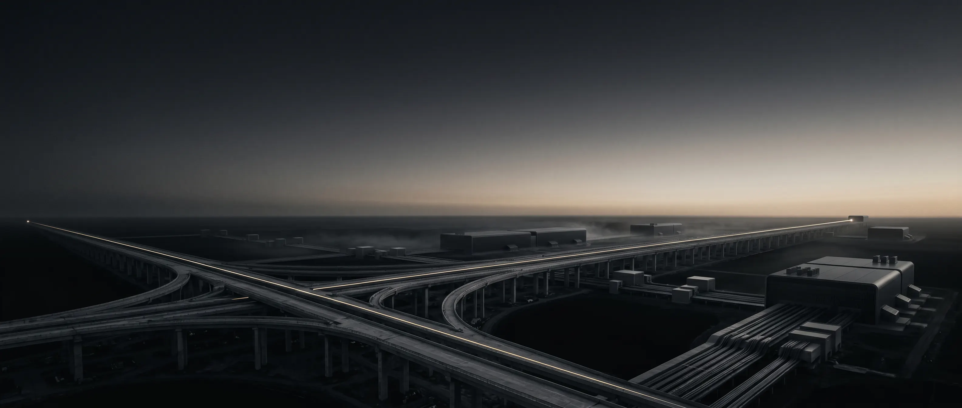 Vast engineered routes and modular infrastructure crossing a dark horizon