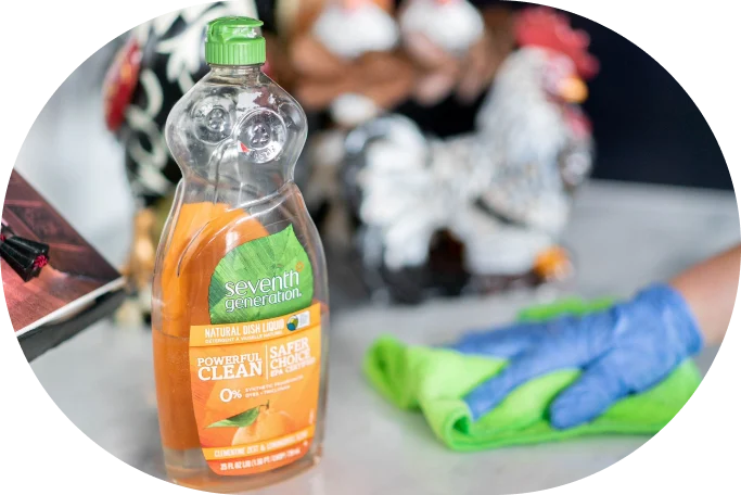 Eco-friendly dish soap like Seventh Generation Natural Dish Liquid on a kitchen counter with a reusable cloth.