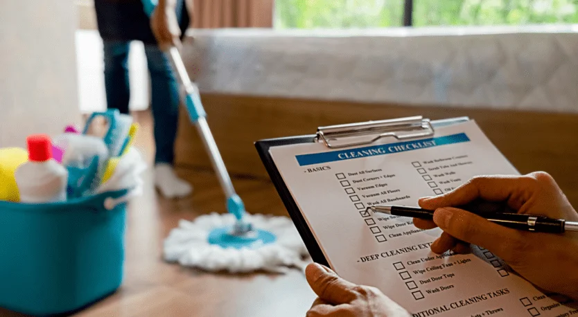 A person checking off items on a cleaning checklist with a mop and bucket in the background, focusing on outdoor cabinets.