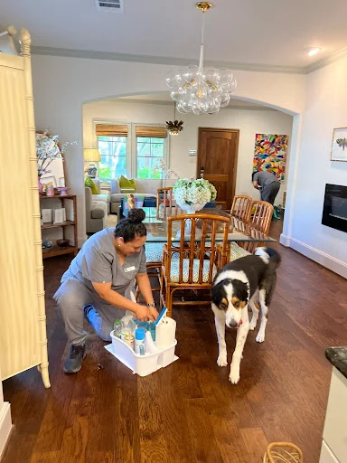 A Vella professional sits beside a relaxed dog, reflecting the brand’s pet-friendly and caring home cleaning approach.