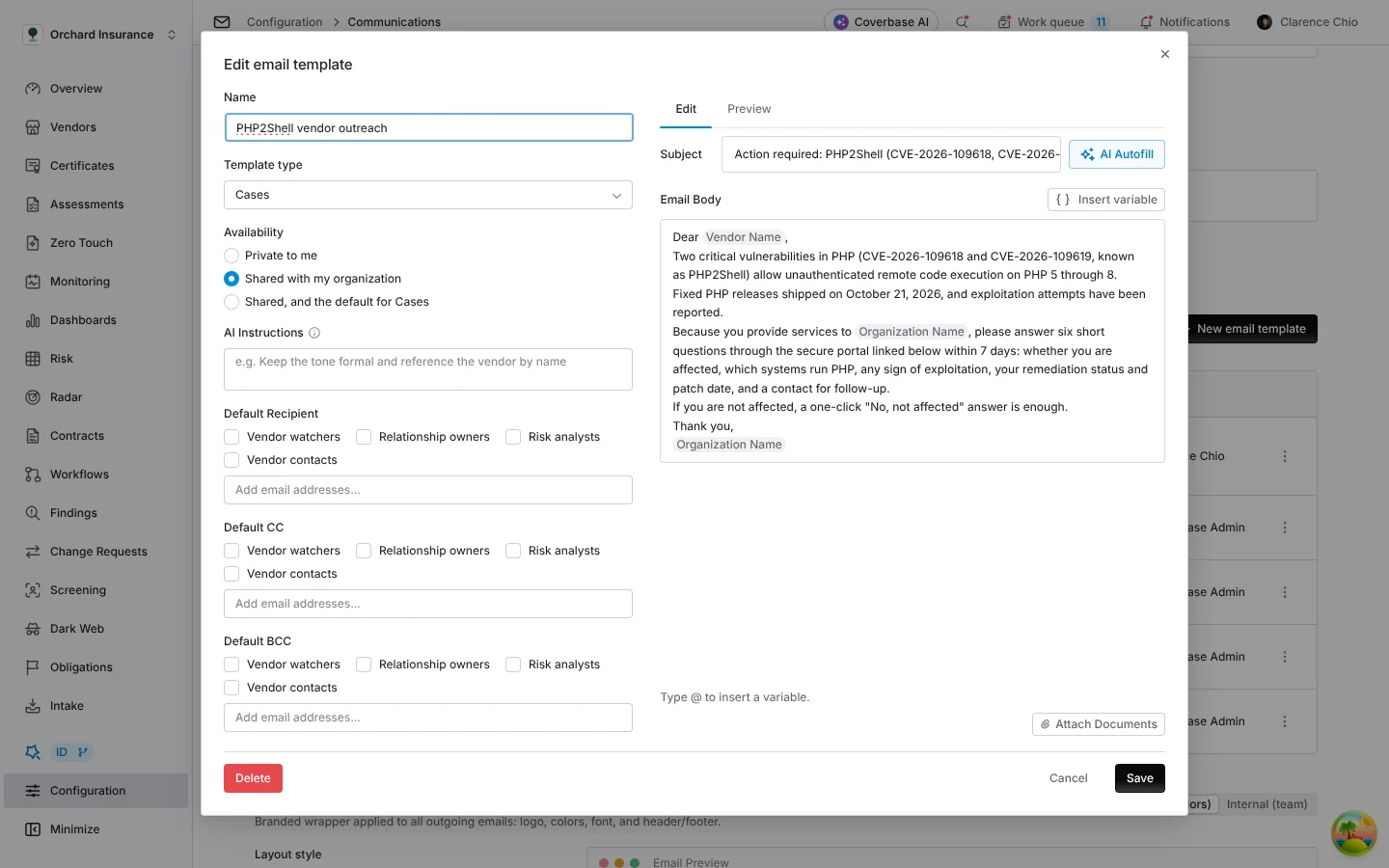 Configuration → Communications, the "PHP2Shell vendor outreach" email template.