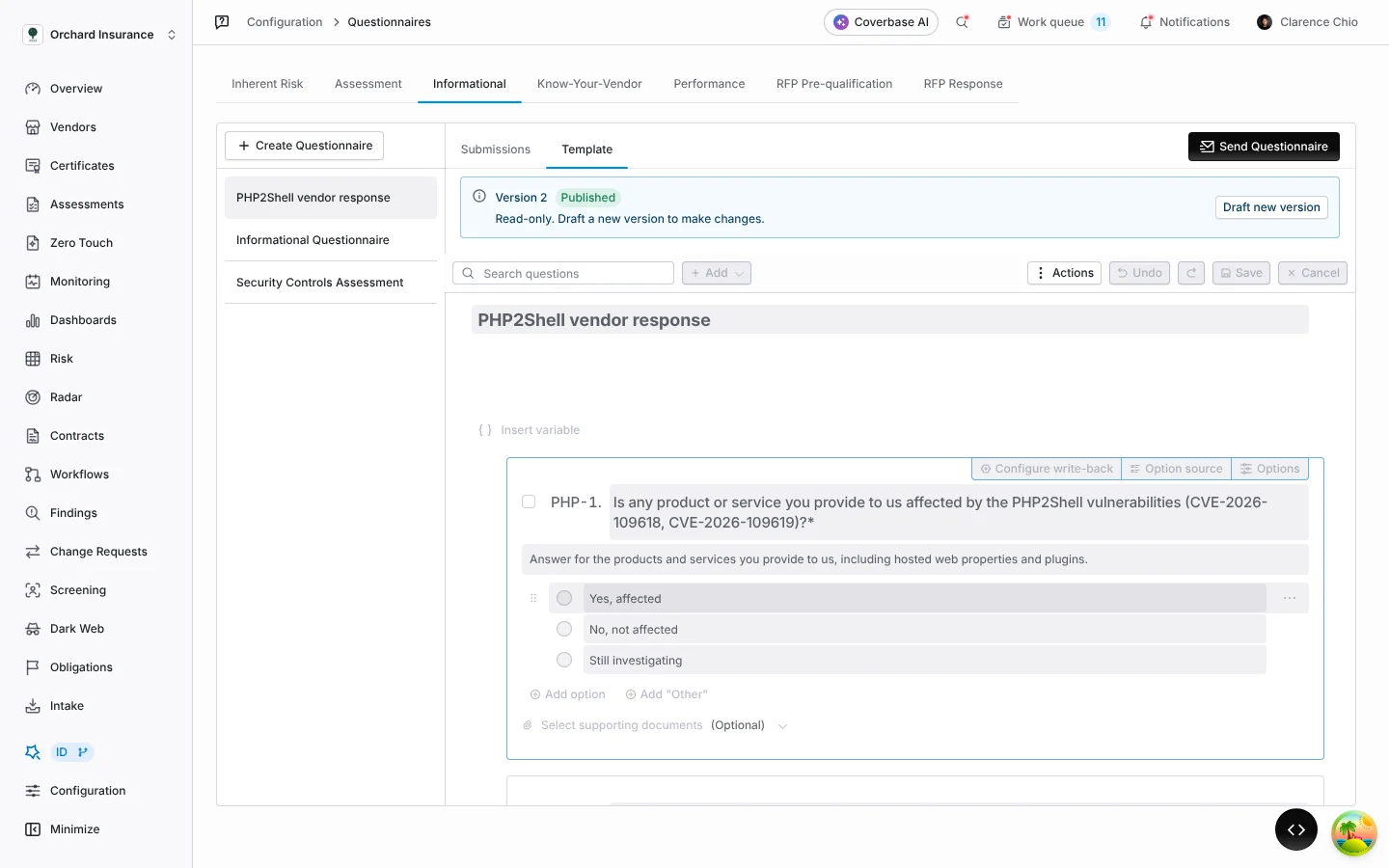 The published "PHP2Shell vendor response" questionnaire.