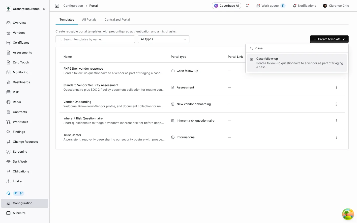 Configuration → Portals → Create template, filtered to "Case follow-up".