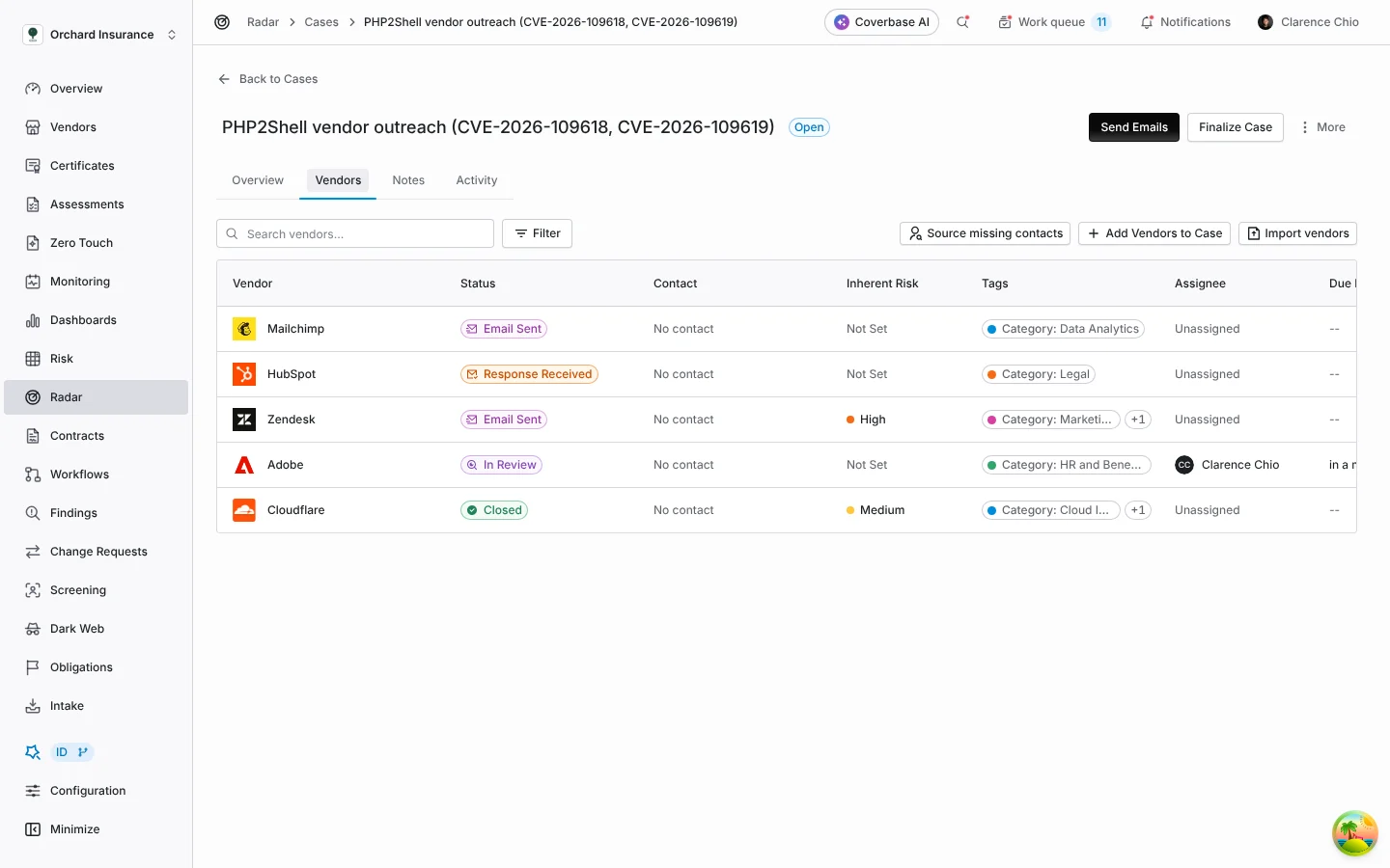 The case's Vendors tab with per-vendor statuses.