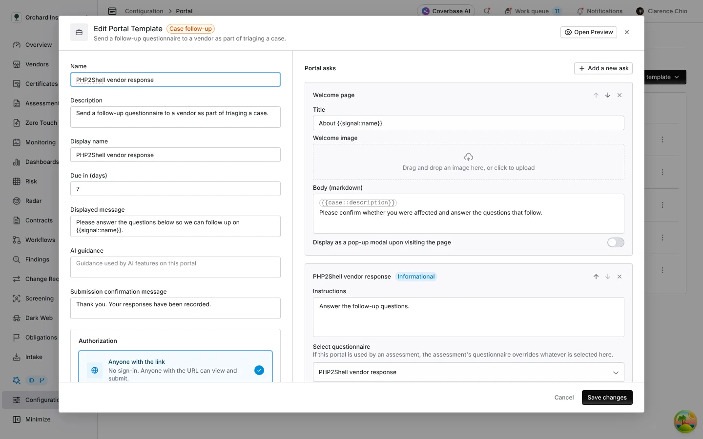 The Case follow-up portal template with the questionnaire selected and a 7 day due date.