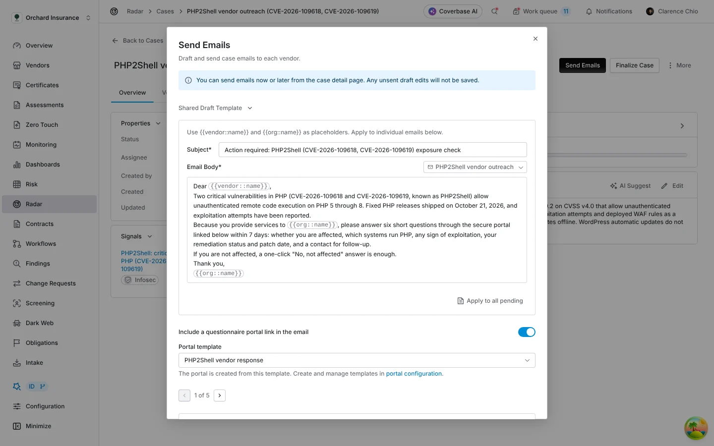 Send Emails: shared draft template applied, portal link switched on, portal template picked.