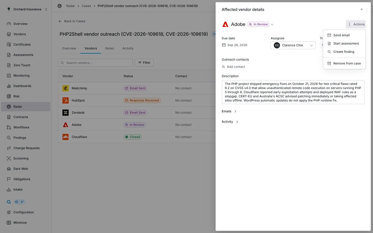 A thread's Actions menu with "Create finding".