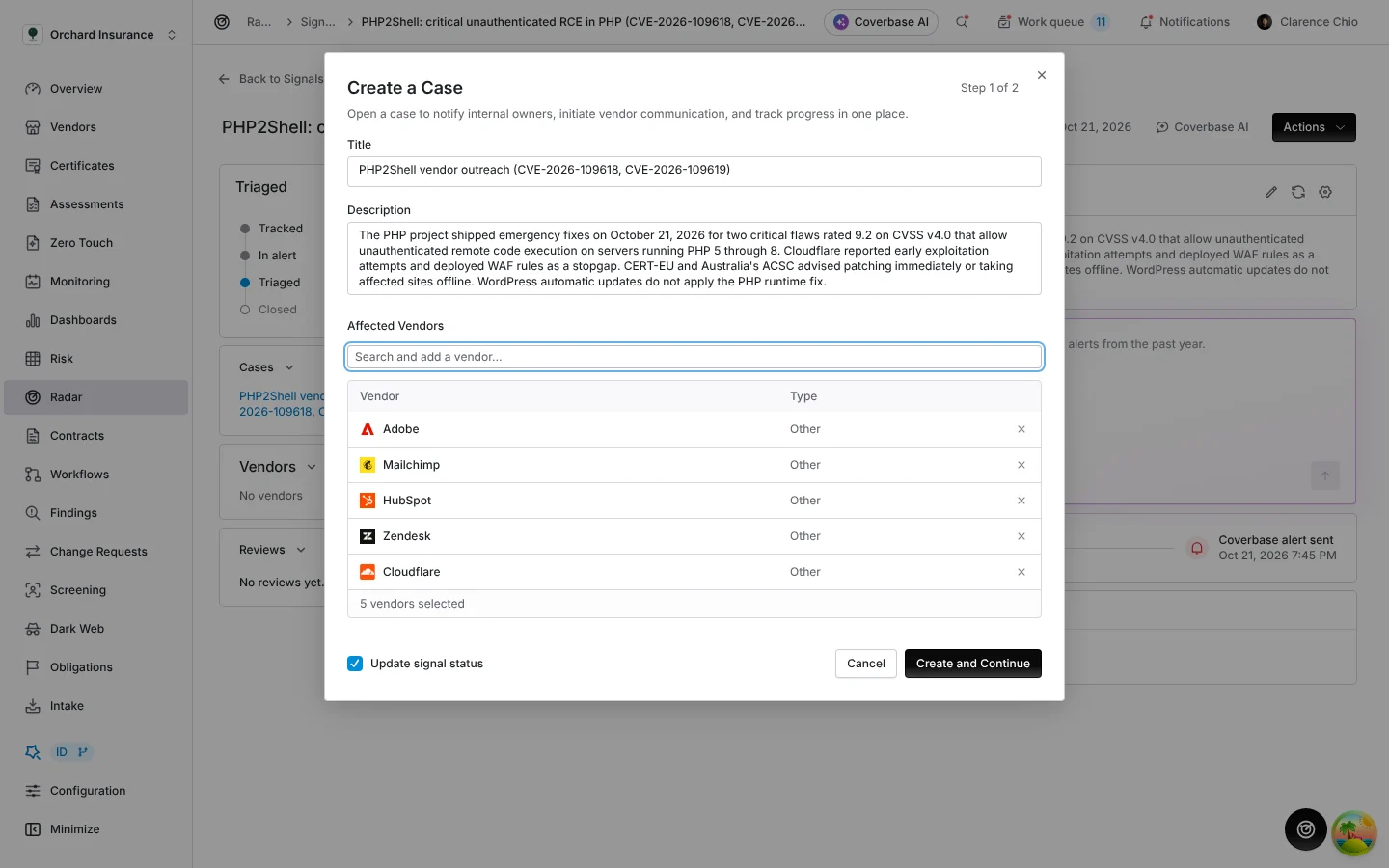 Create a Case, with five affected vendors.