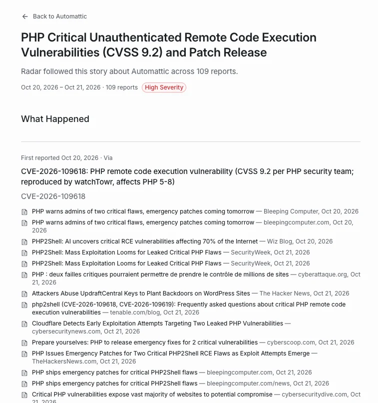 Radar's story page for the PHP RCE event, tracked across 109 reports.