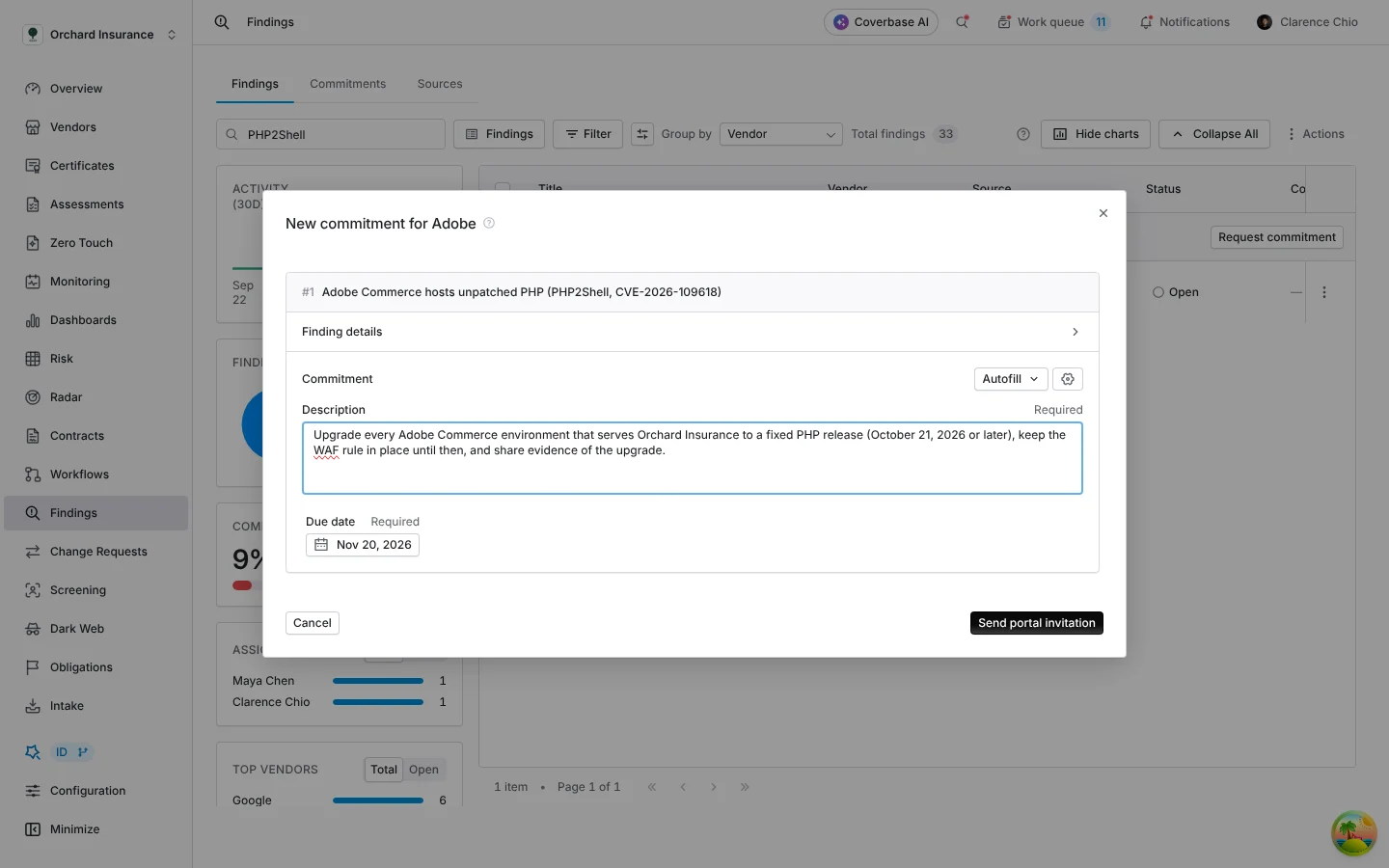 New commitment for Adobe, with "Send portal invitation".