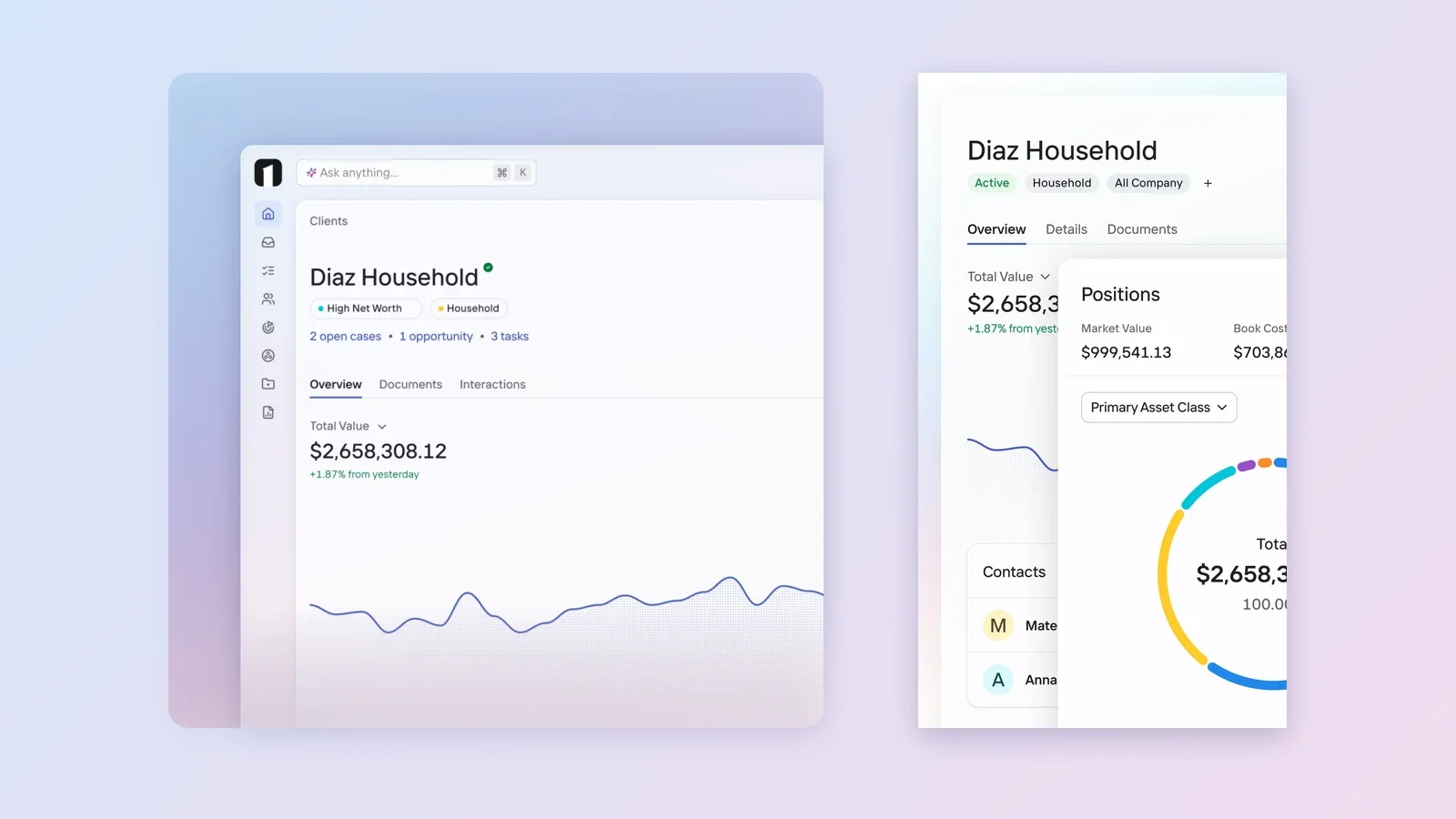 OneVest Core desktop client record for the Diaz Household with an Ask anything AI search bar, beside the same household's mobile record showing positions and asset allocation, on a soft pastel gradient.