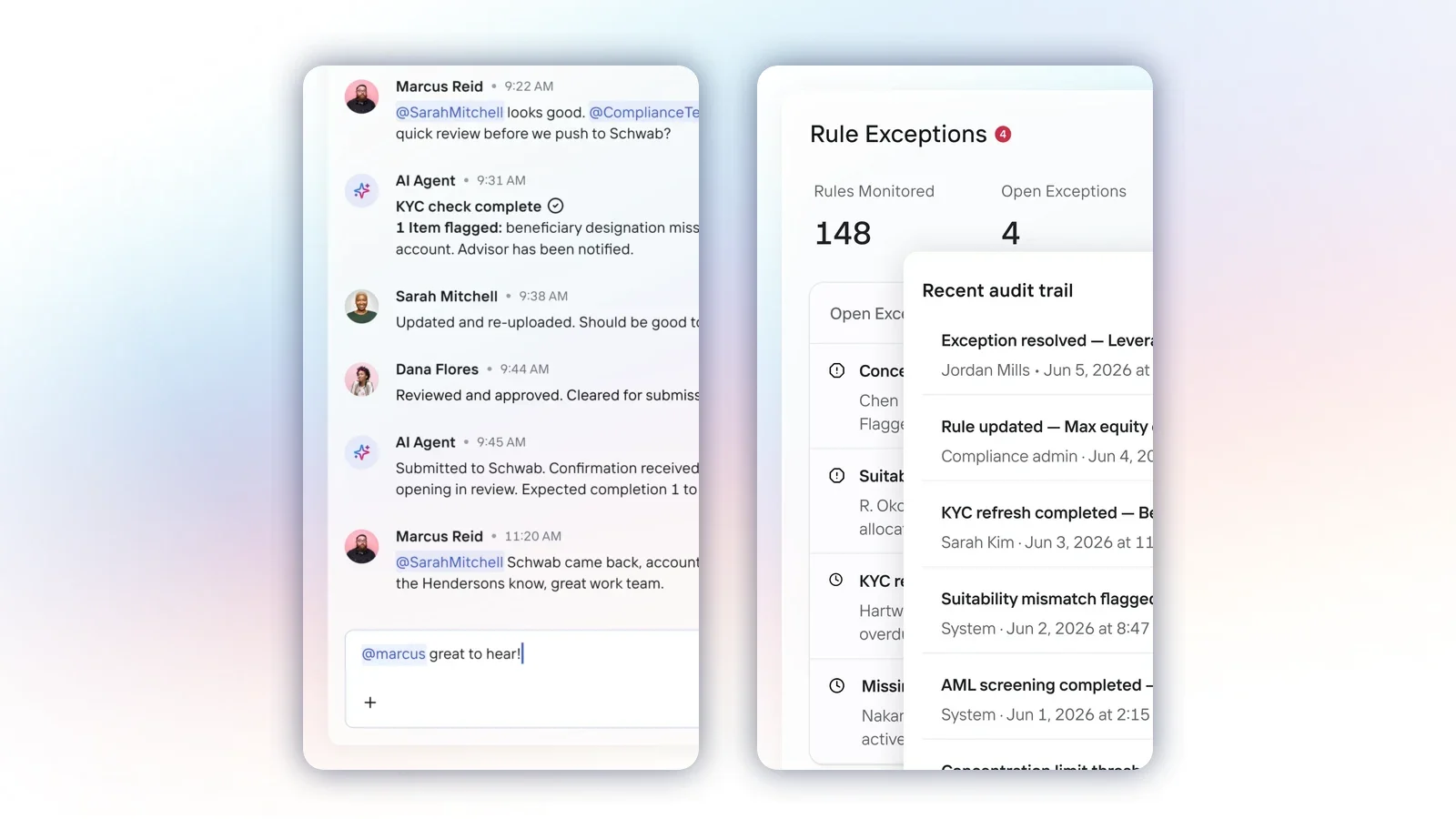 OneVest AI Agent thread showing a KYC check with one flagged item, a compliance approval and a custodian submission, beside a Rule Exceptions panel with a recent audit trail, on a soft pastel gradient.