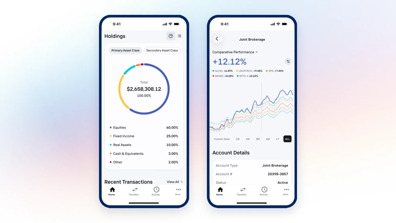 OneVest client mobile app showing a Holdings allocation screen and a Joint Brokerage comparative performance screen on a soft pastel gradient.